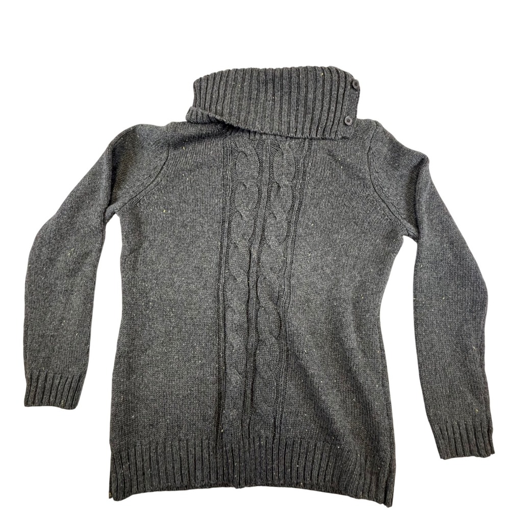 Basic Editions Sweater Women's Large Turtleneck Gray Cable Knit Button Speckled